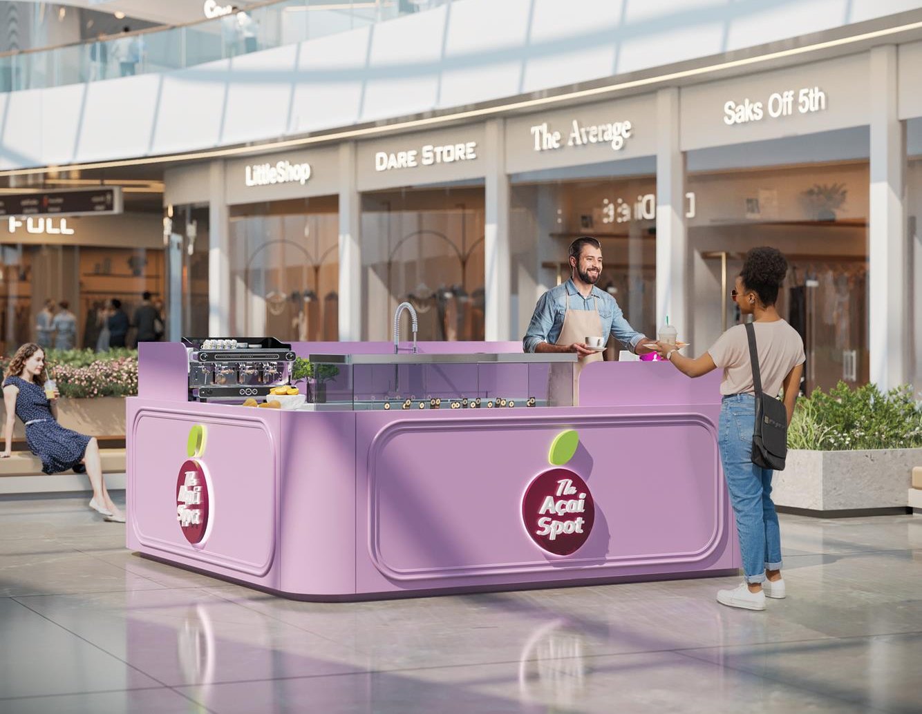 The compact lilac counter in a mall atrium, a server handing a bowl across the servery
