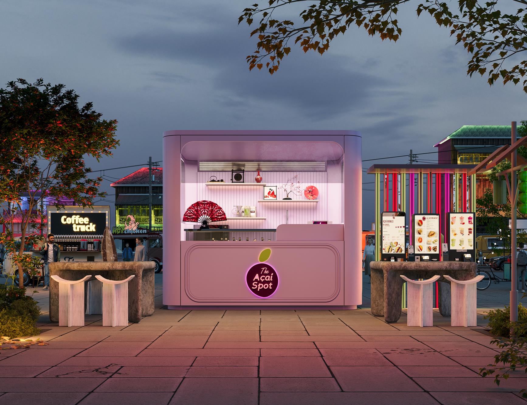 A lilac kiosk pavilion glowing at dusk in an open-air plaza