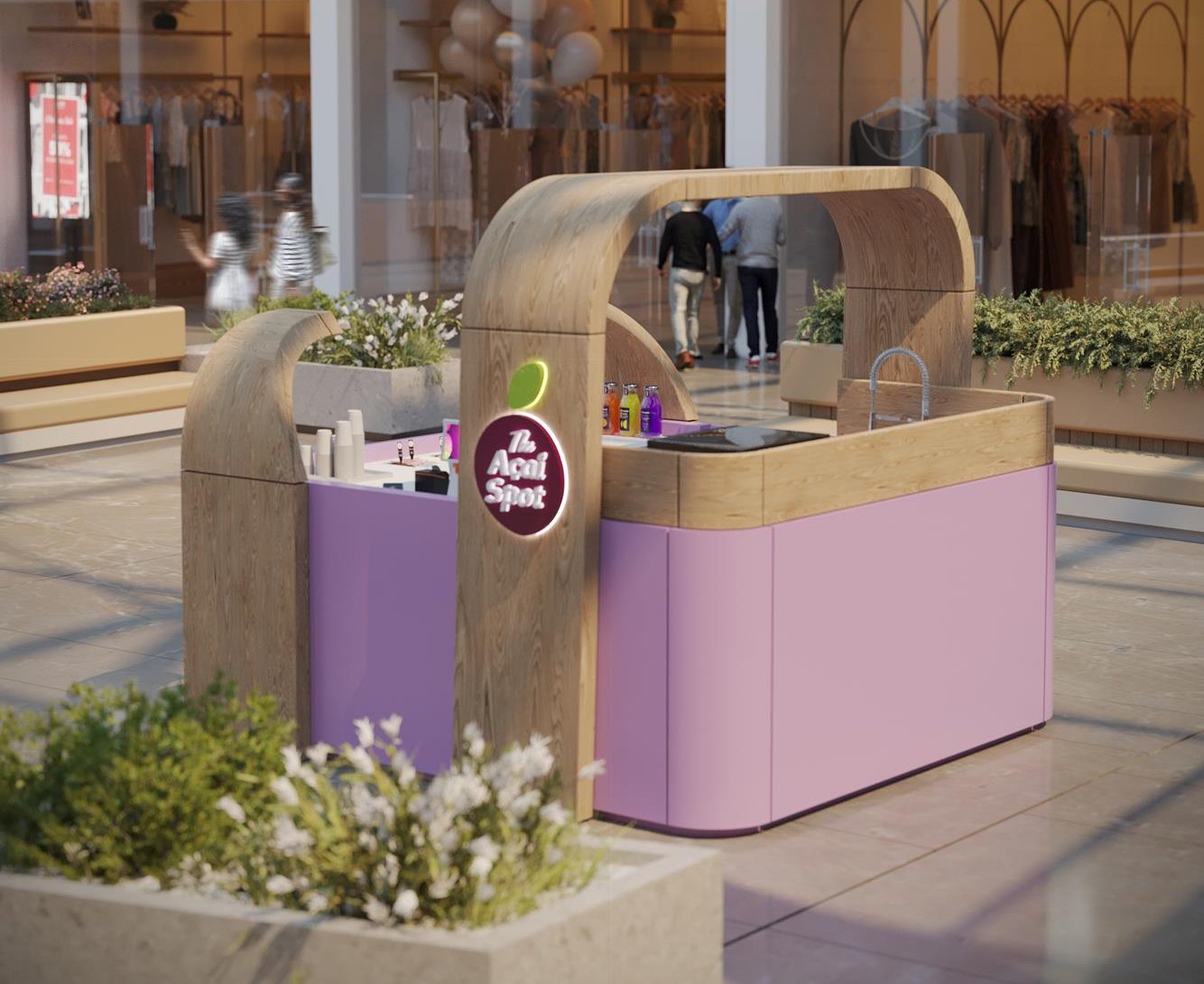The compact counter in its timber-arch variant, set between planters on a mall floor