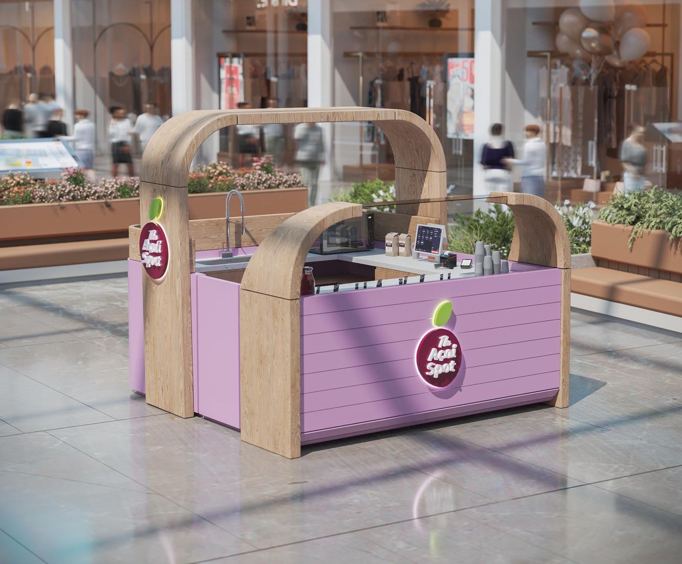 The compact kiosk seen empty: sink, microwave, POS screen and cup stacks arranged along a single working run beneath a glass guard