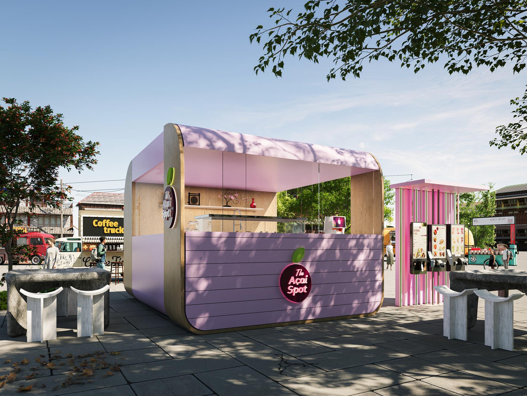 The covered pavilion in daylight, its lilac canopy carried on light oak posts above a grooved lilac counter