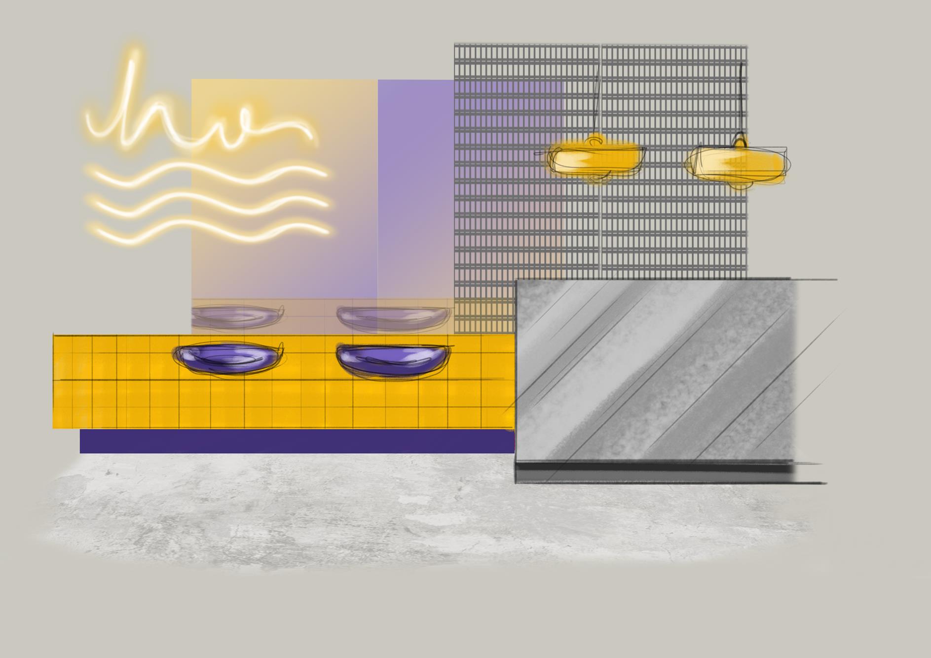 Early concept collage: neon script, yellow tile, purple bowl seats and a steel counter blocked out in sketch
