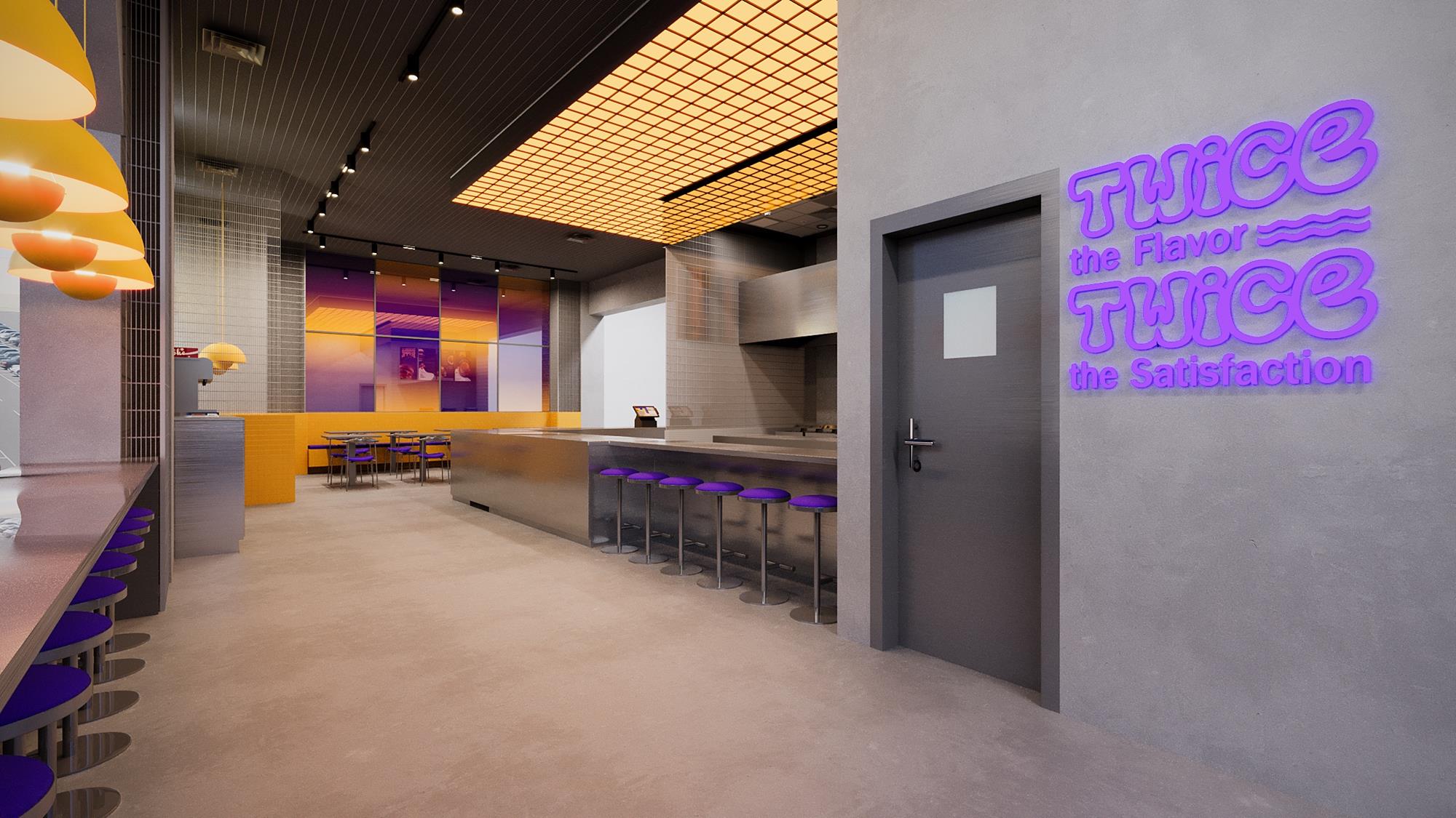A brushed-steel service counter with purple stools, a lit mesh ceiling overhead and neon brand type on the wall