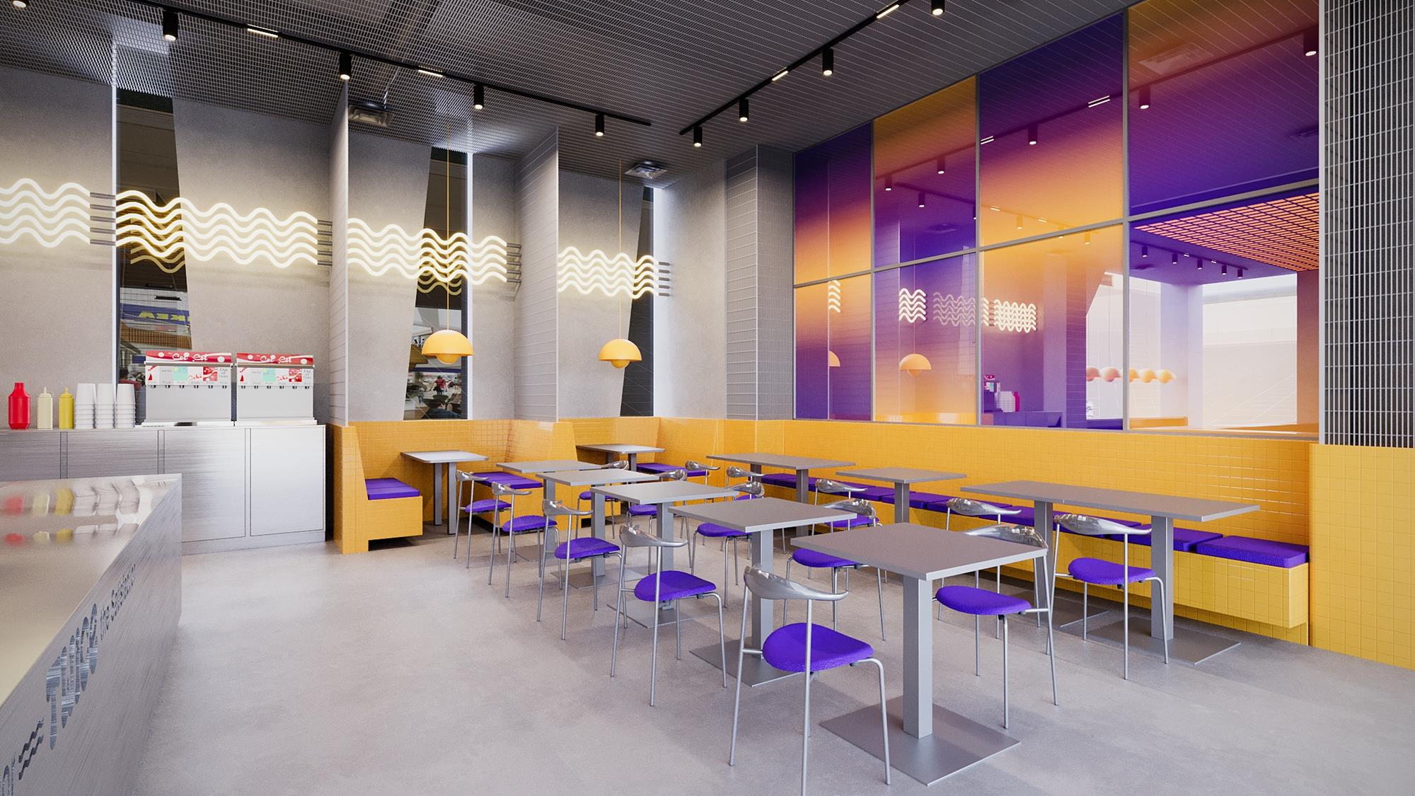 A dining hall of yellow tiled banquettes and purple seating under neon wave motifs