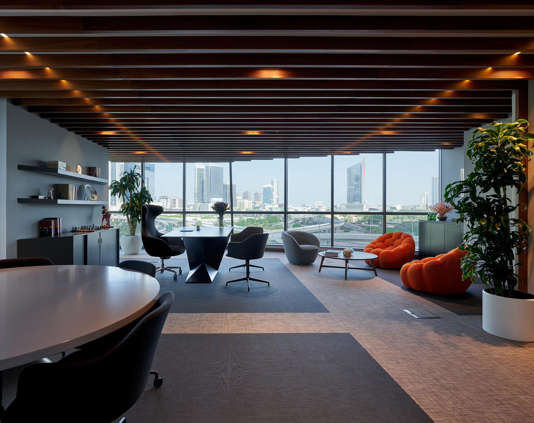 A hospitality interior arranged for a graded arrival sequence