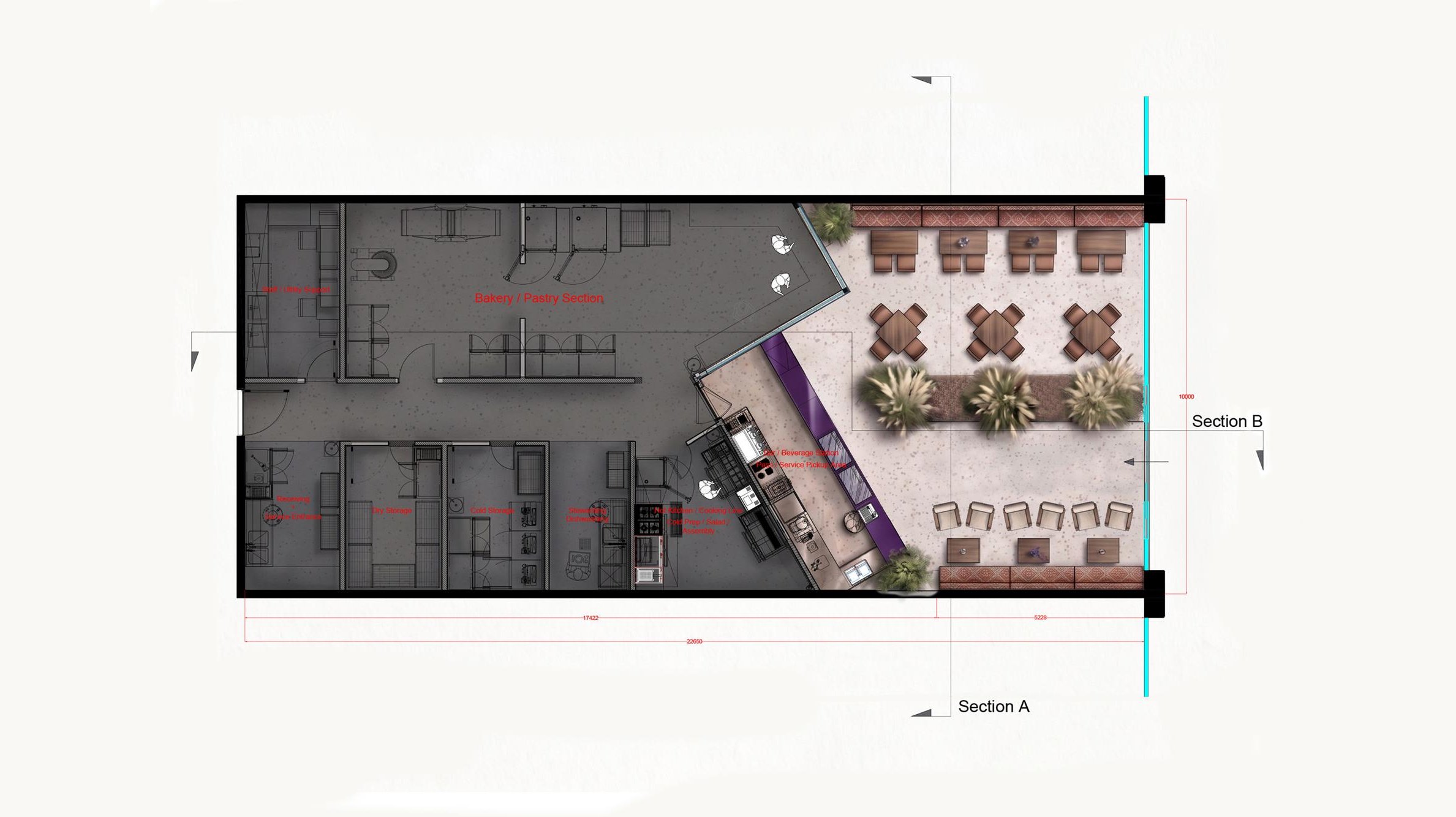 Floor plan: bakery and pastry production, cold and dry storage to the rear, with the beverage bar angling into a planted seating terrace
