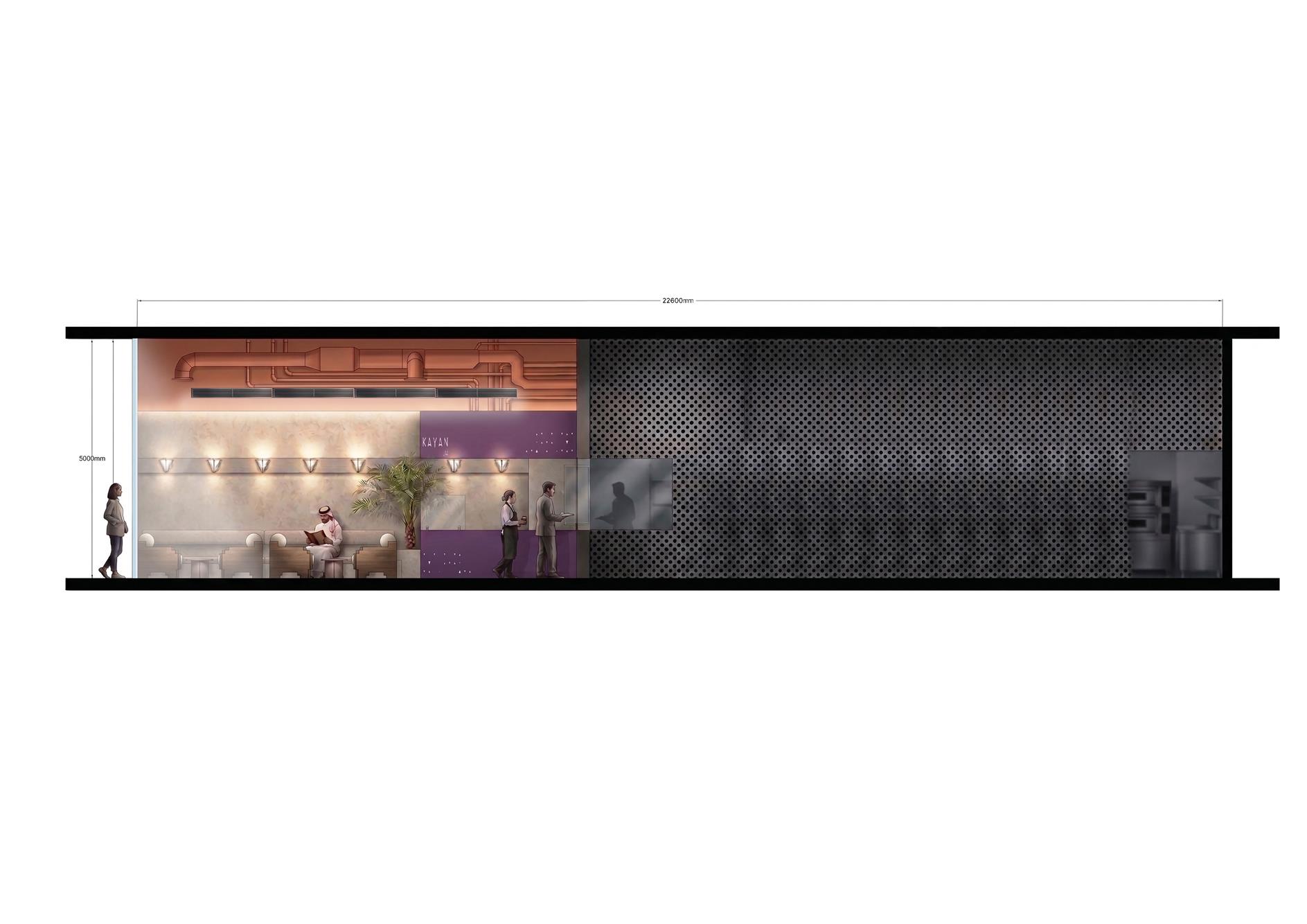 Cross section showing the lounge seating and the depth of the back-of-house behind a perforated screen