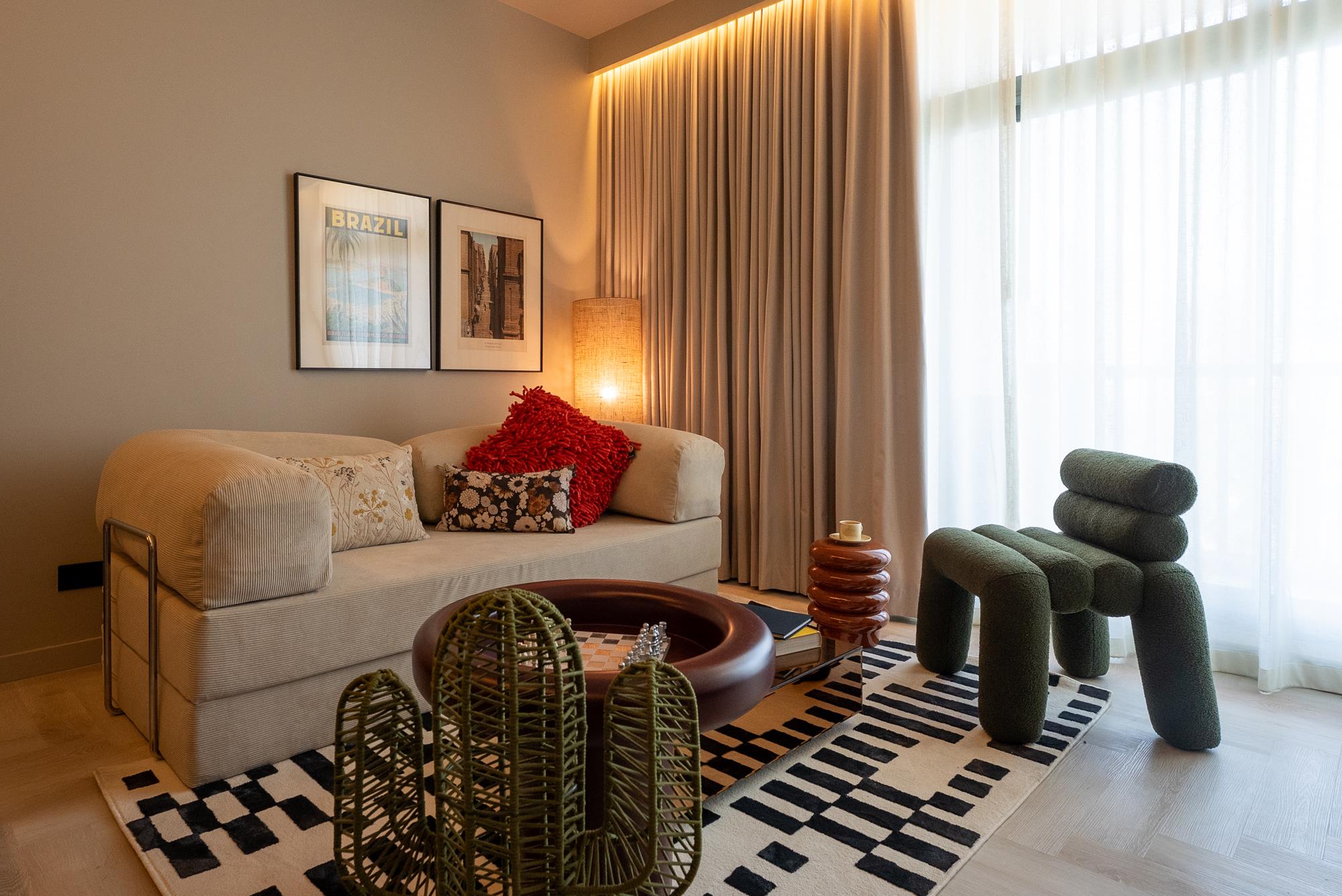 Layered lighting across a calm, uncluttered interior